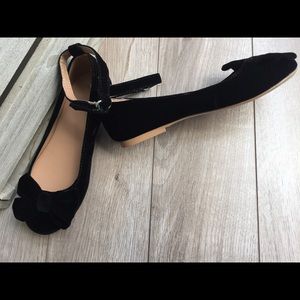 Black velvet ankle strap flats